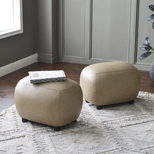 Elmer Faux Leather Ottoman – Round Khaki Ottoman | Decorative Ottoman | Kinwell Furniture | Modern Faux Leather Furniture